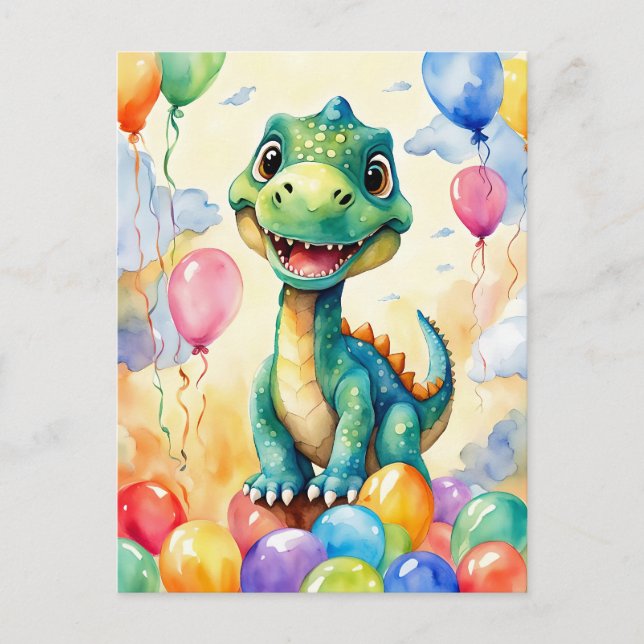 Postal Lindo pequeño dinosaurio con muchos globos de colo (Anverso)