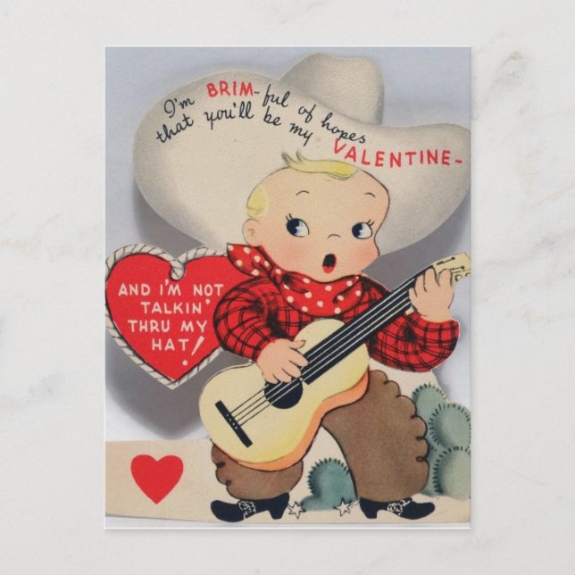Postal Lindo pequeño vaquero cantor de San Valentín vinta (Anverso)