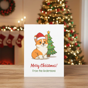 Postal Lindo perro Corgi con sombrero rojo con árbol de N