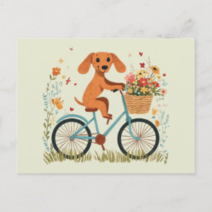 Postal Lindo perro Dachshund en bicicleta con flores de p