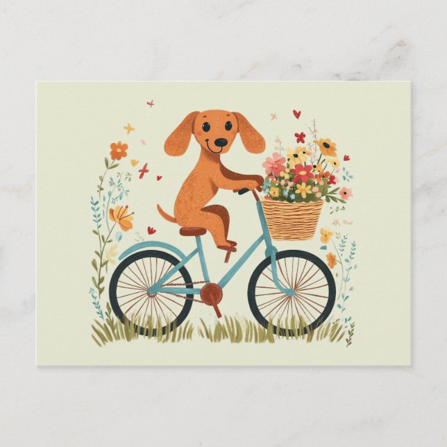 Postal Lindo perro Dachshund en bicicleta con flores de p (Anverso)