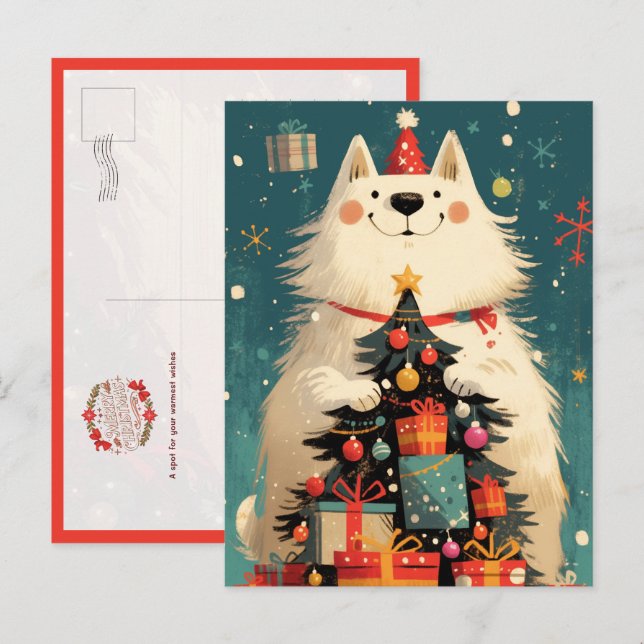 Postal Lindo perro Samoyed con Navidad (Anverso / Reverso)