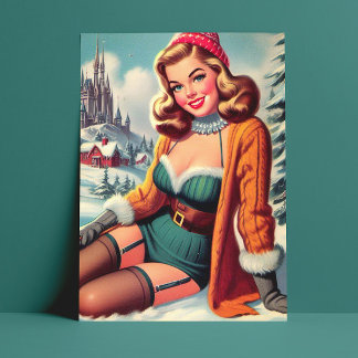 Postal Lindo Pin-up Retro de Invierno