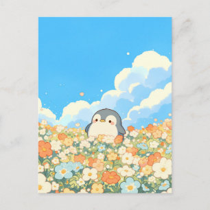 Postal Lindo pingüino en pradera de flores naranjas