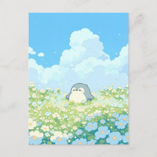 Postal Lindo pingüino en prado azul y blanco