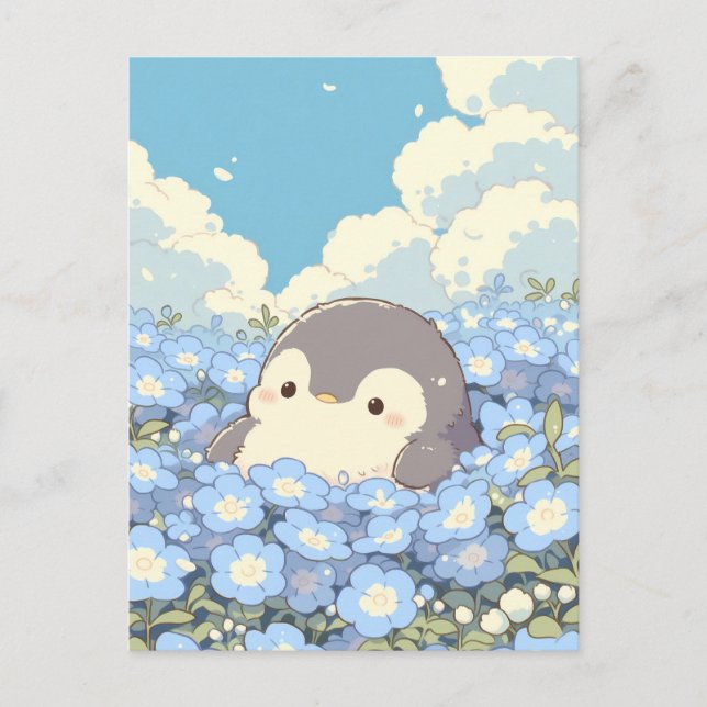 Postal Lindo pingüino en prado de flor azul (Anverso)