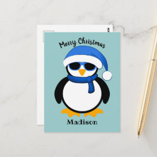 Postal Lindo pingüino genial Feliz Navidad azul 