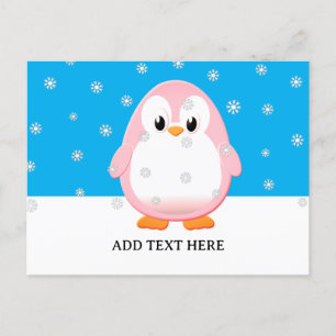 Postal Lindo pingüino rosa dibujo animado copos de nieve 