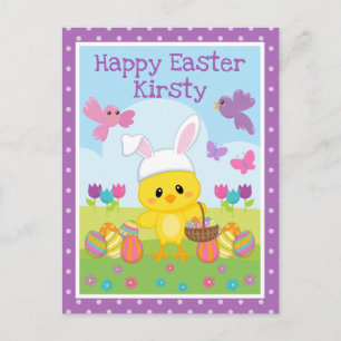 Postal Lindo pollito de Pascua de primavera y huevos de c