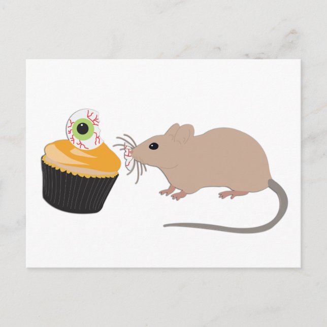 Postal Lindo ratón comiendo pastelito de ojo de Halloween (Anverso)