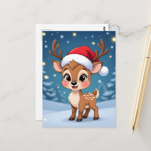 Postal Lindo reno pequeño con sombrero de Navidad