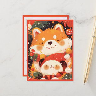 Postal Lindo Shiba Inu abrazando peluche de panda
