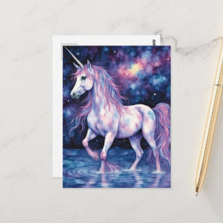 Postal Lindo Unicornio Púrpura En El Lago