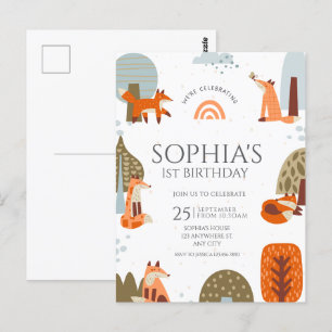 Postal Lindo zorro ilustrado Bosque animal primer cumplea