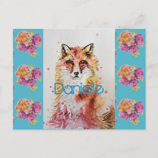 Postal Lindo Zorro Rojo Animal Rosa Rosa Teal (Anverso)