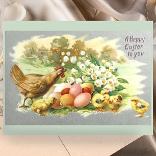 Postal Lindos pollitos de Pascua vintage y huevos florale