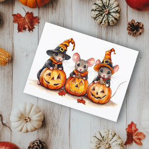 Postal Lindos ratoncitos Calabazas de Halloween en acuare