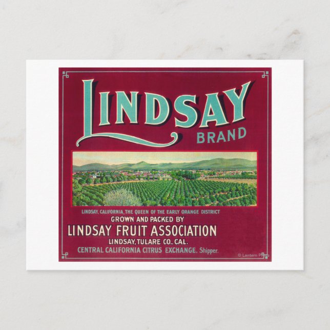 Postal Lindsay Naranja LabelLindsay, CA (Anverso)