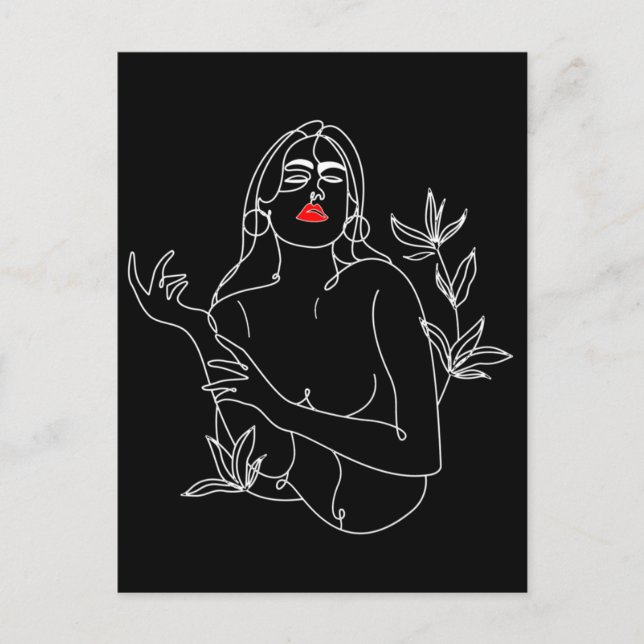 Postal Line Art illustration. Femme en noir et blanc (Anverso)