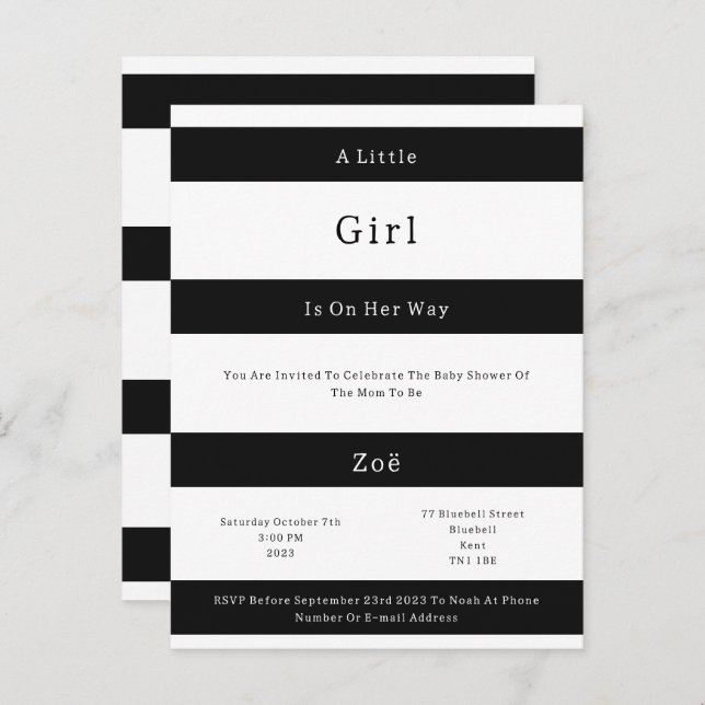 Postal Linear Chic Black And White Stripes Baby Invite (Anverso / Reverso)