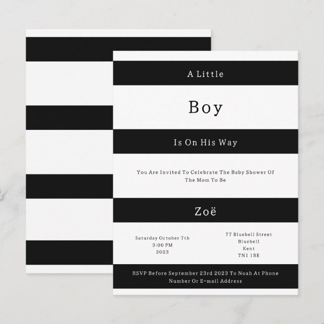Postal Linear Chic Black And White Stripes Baby Invite Br (Anverso / Reverso)