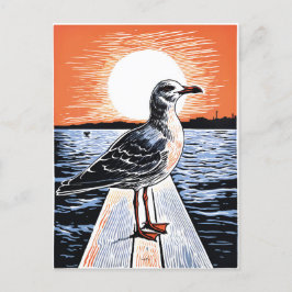 Postal Linocut de la gaviota sobre el muelle al atardecer