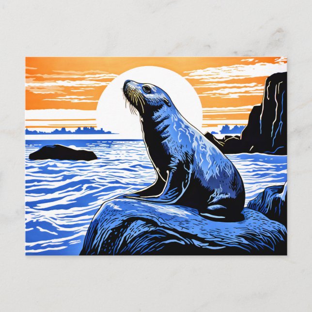 Postal Linocut de león marino sobre las rocas al atardece (Anverso)