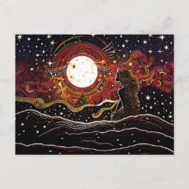 Postal Linocut de sirena mirando a la luna en la ola