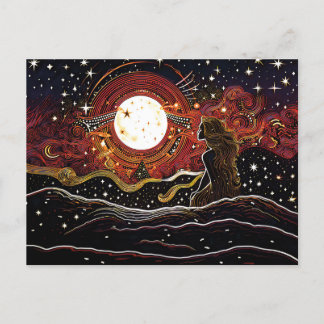 Postal Linocut de sirena mirando a la luna en la ola