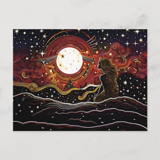 Postal Linocut de sirena mirando a la luna en la ola (Anverso)