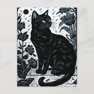 Postal Linocut de un gato negro entre flores
