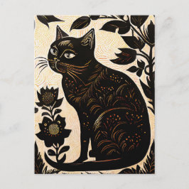 Postal Linocut de un gato negro entre flores