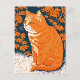 Postal Linocut de un gato rojo entre gramíneas