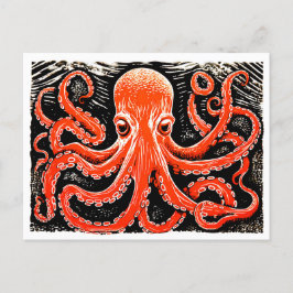 Postal Linocut de un pulpo rojo en blanco y negro