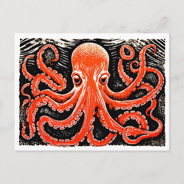 Postal Linocut de un pulpo rojo en blanco y negro (Anverso)