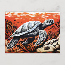 Linocut de una tortuga nadando a través de un arre