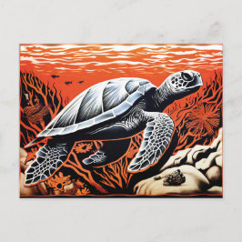 Postal Linocut de una tortuga nadando a través de un arre
