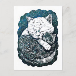 Postal Linocut Gato blanco y negro durmiendo juntos