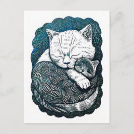Postal Linocut Gato blanco y negro durmiendo juntos