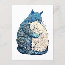 Postal Linocut Gato blanco y negro durmiendo juntos