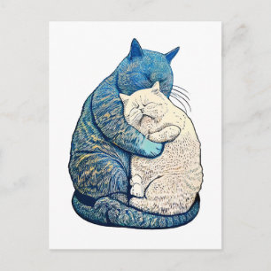 Postal Linocut Gato blanco y negro durmiendo juntos