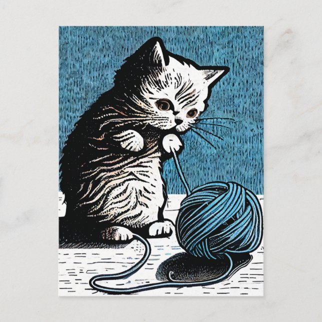 Postal Linocut Kitten jugando con una bola de yarn (Anverso)