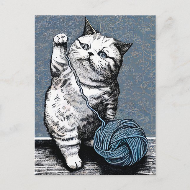 Postal Linocut Kitten jugando con una bola de yarn (Anverso)