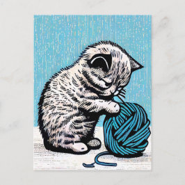 Postal Linocut Kitten jugando con una bola de yarn