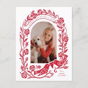 Postal Linocut lovebirds y rosas arqueados diseño fotográ