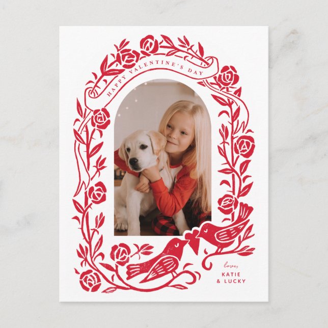 Postal Linocut lovebirds y rosas arqueados diseño fotográ (Anverso)