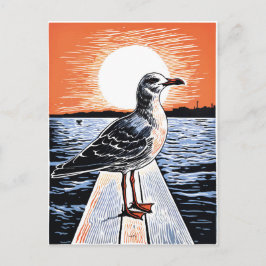 Postal Linograbado de Gaviota en Muelle al Atardecer