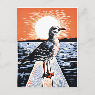 Postal Linograbado de Gaviota en Muelle al Atardecer