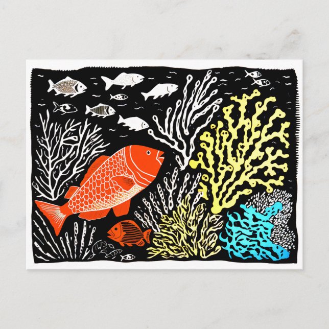 Postal Linograbado de pez rojo nadando en arrecife de cor (Anverso)