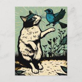 Postal Linograbado de un gato intentando atrapar un pájar